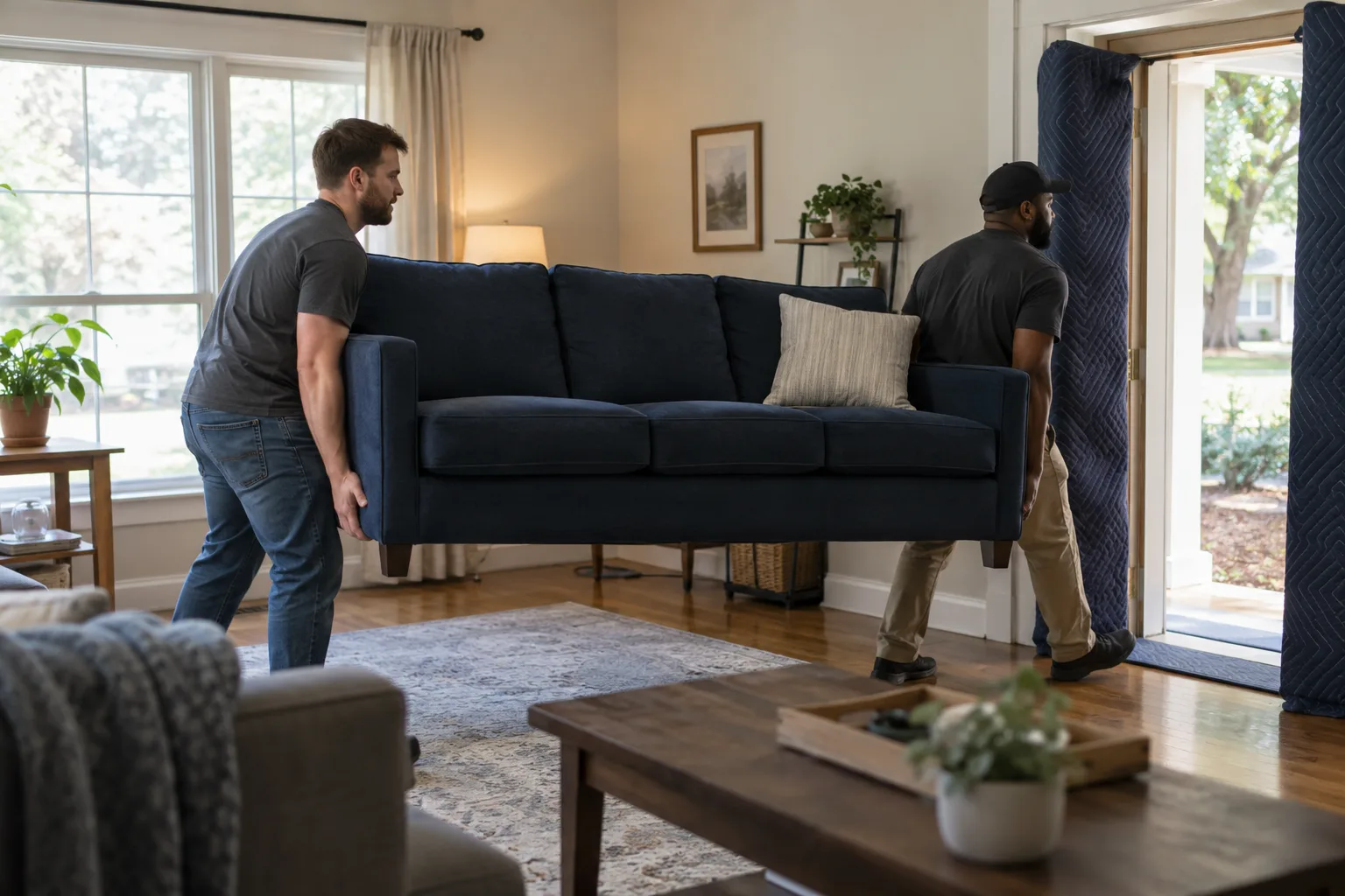 Two workers carrying a navy couch toward a protected doorway