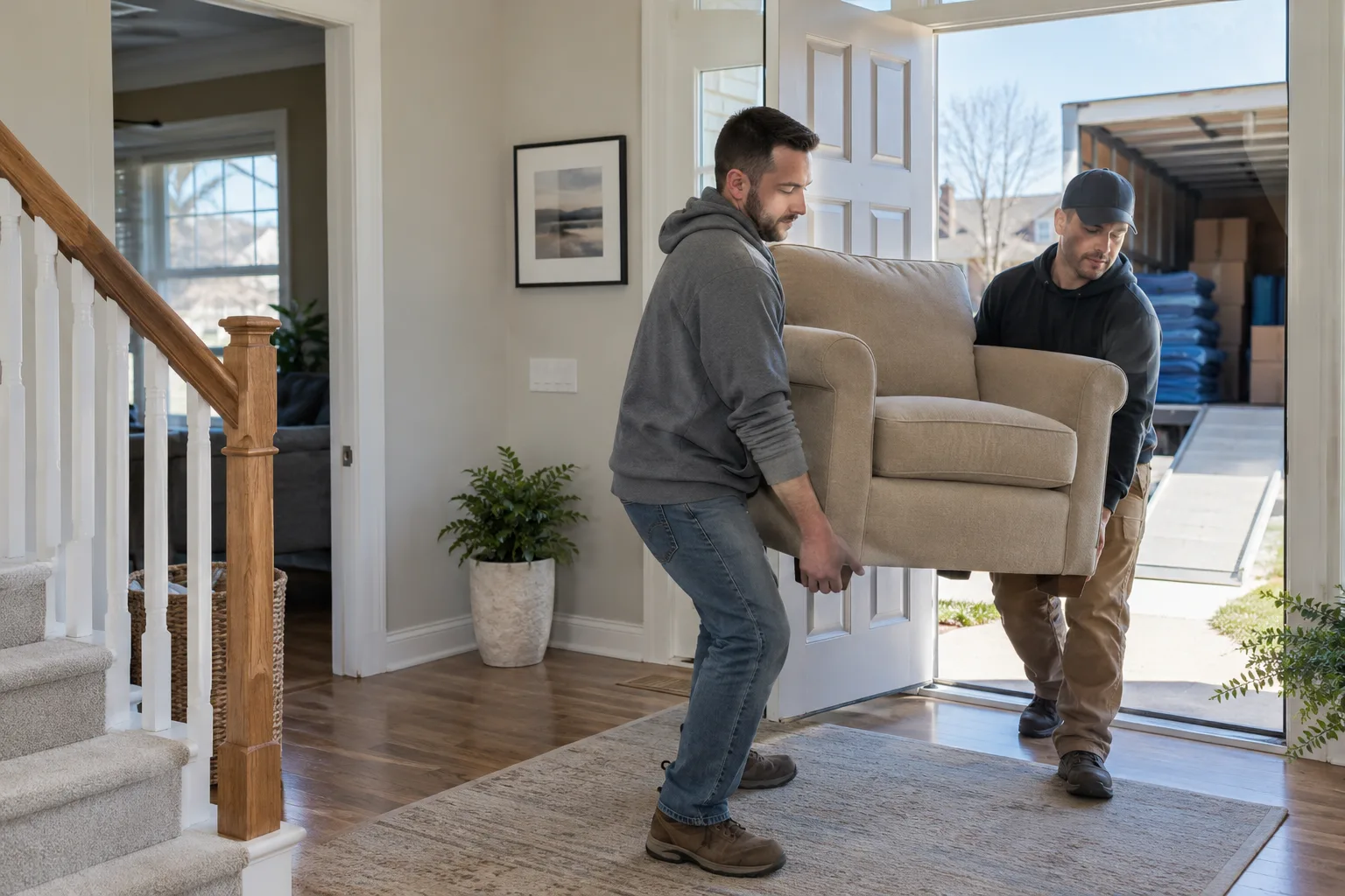 Two workers carrying an upholstered chair through a home entryway